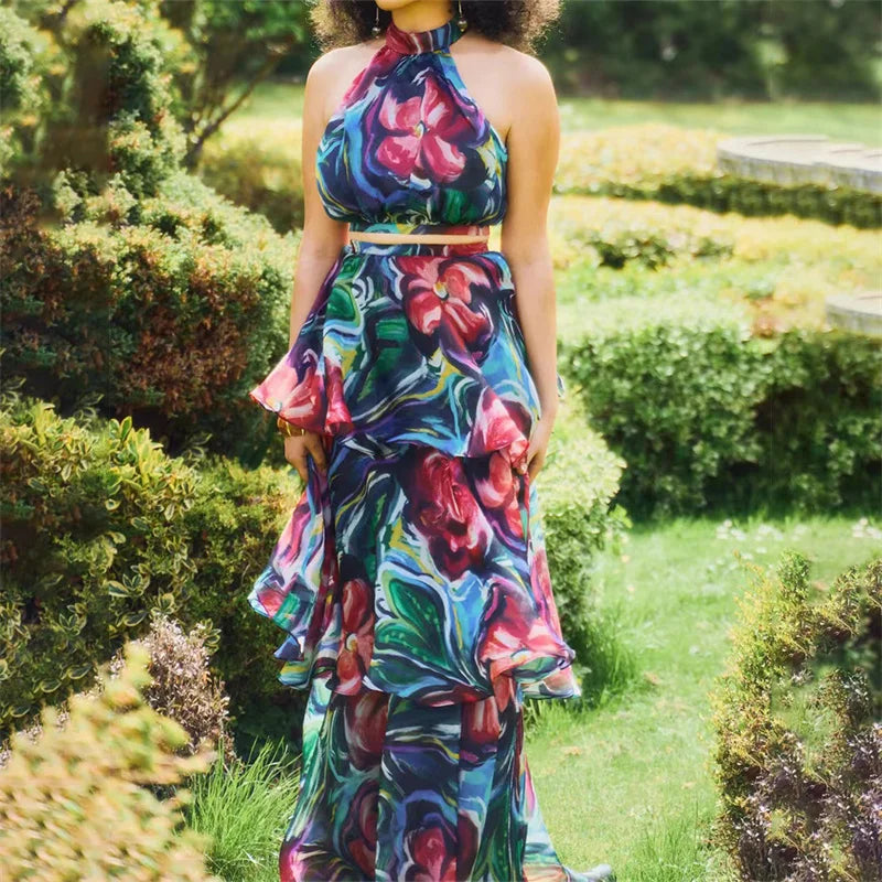 Fashion Print Front Separation Dress Women Stand-up Collar Sleeveless Dresses Multi-layered Patchwork Hem Frock Female Long Gown