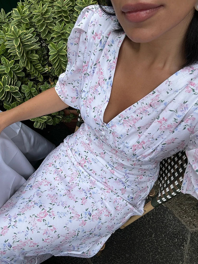 Summer Floral Print V Neck Maxi Dress Women's Elegant Short Sleeve High Waist Slim Casual Long Dress Temperament Female Vestidos