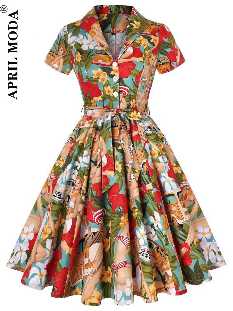 2025 Parrot Bird Print Summer Women Vintage Dress Casual Green Retro Pin UP Pinup Party Robe Rockabilly 50s 60s Swing Sundress