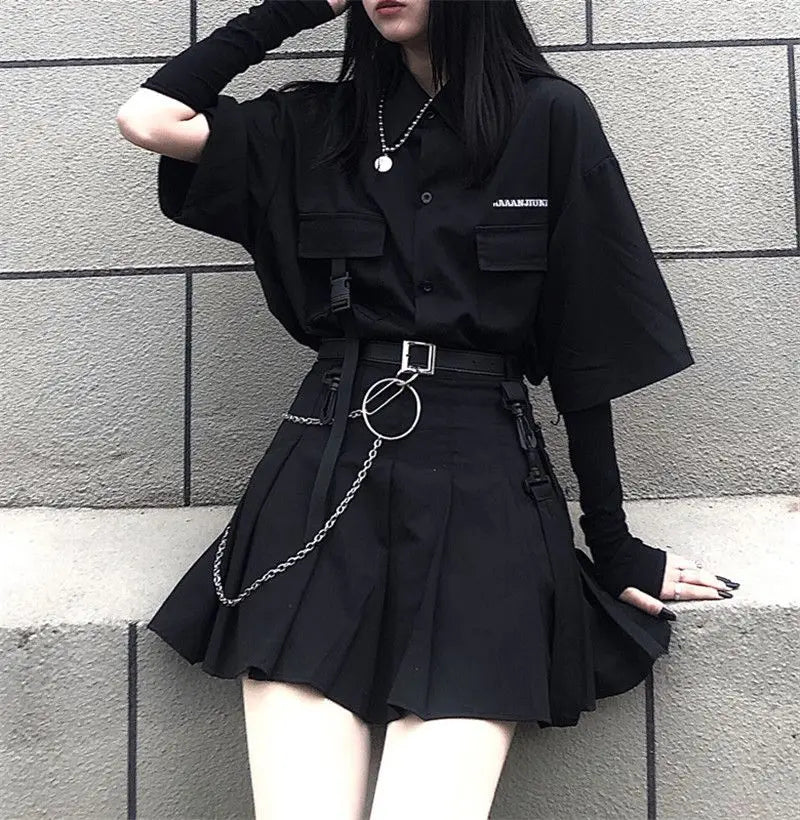 Gothic Skirt Set Loose Shirt Pleated Mini Skirts 2 Piece Sets Korean Retro Casual Outfits Women Spring Summer Aesthetic Y2k Suit