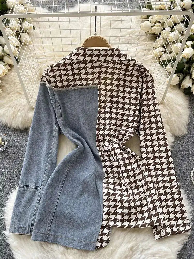 XFPV Women Jacket Lapel Long Sleeve Irregular Patchwork Denim Single Breasted Plaid Blazer Coat Autumn Winter 2025 SM9518