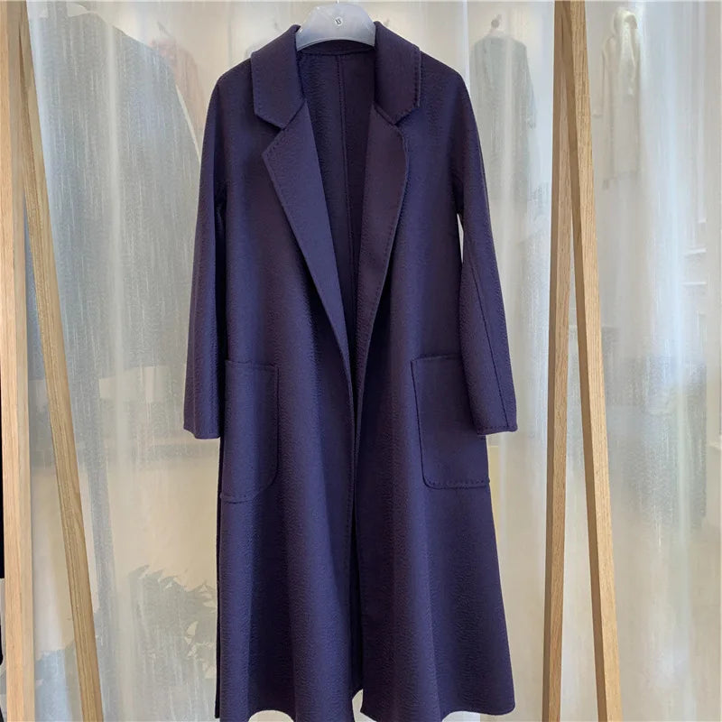 Korean Women Handmade Hepburn Corrugated Water Ripples Coat Double-sided Cashmere Wool Long Woolen Jacket Cashmere Coat Max