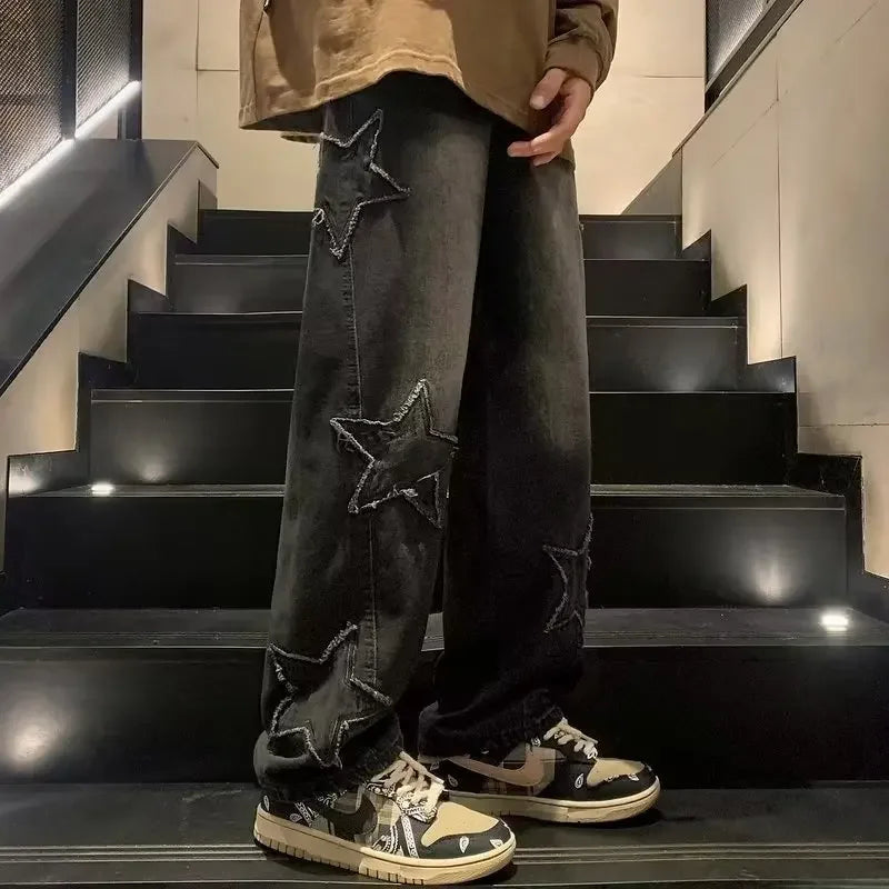 Star Embroidery Straight Casual Men Jeans Gothic Neutral New Wide Leg Loose Hip-hop Streetwear Denim Trousers Y2K pants man