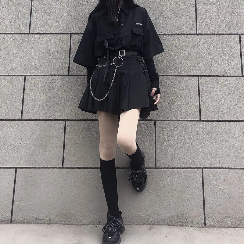 Gothic Skirt Set Loose Shirt Pleated Mini Skirts 2 Piece Sets Korean Retro Casual Outfits Women Spring Summer Aesthetic Y2k Suit