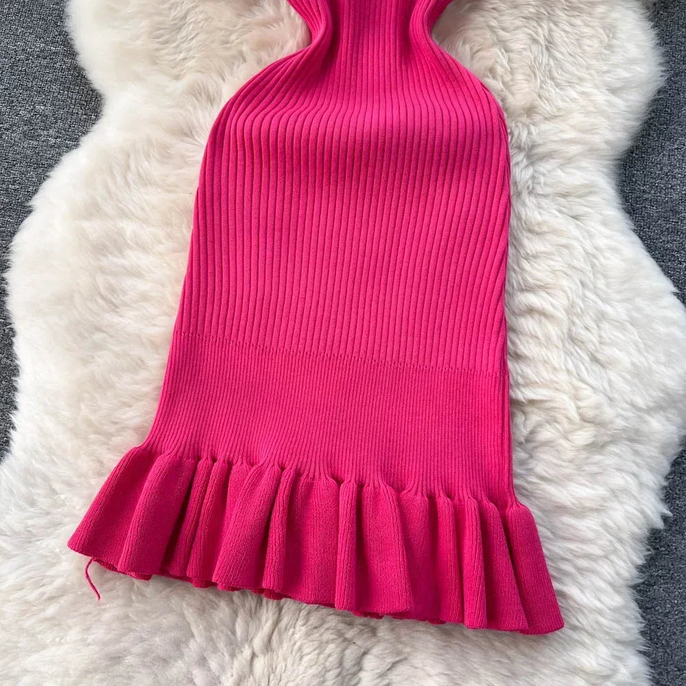 Abrini Summer Women Knitted Sexy Bodycon Dress O-Neck Sleeveless Ruffled Party Sundress High Street Elastic Slim Solid Dress
