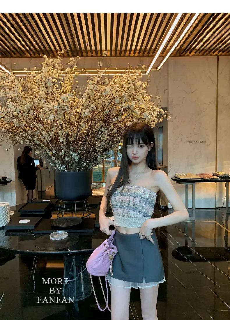 Sexy  Camis Plaid Chic  tube top Slim Korean Tanks Top Sleeveless Elegant  Crop Top Summer Women Bustier