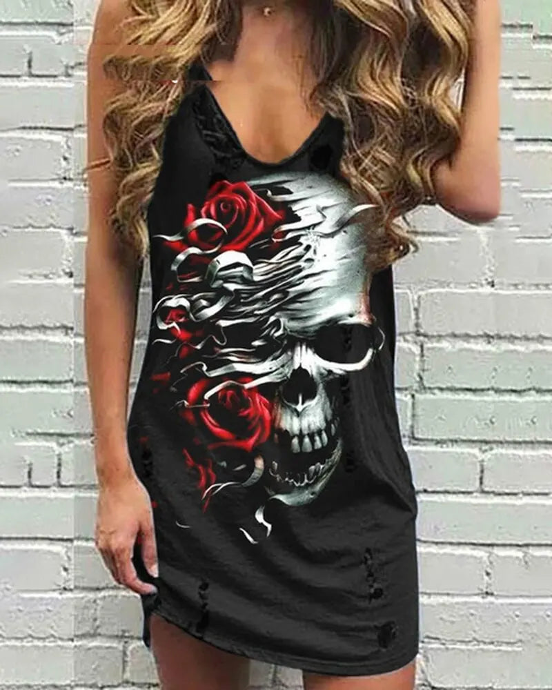Skull Scarf Sunglasses Print Women Sleeveless Summer  Vest dress Solid Color Dress Streetwear O-Neck Casual