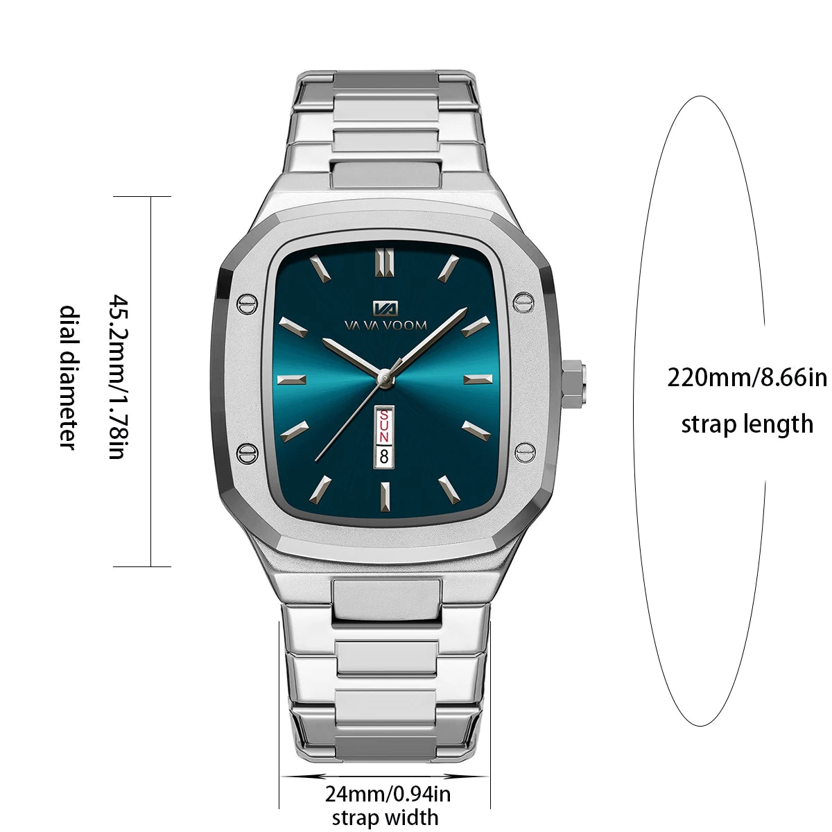 2025 New Men Watch Fashion Square Stainless Steel Blue Gold 3Bar Waterproof Quartz Calendar Simulated Business Sports WristWatch