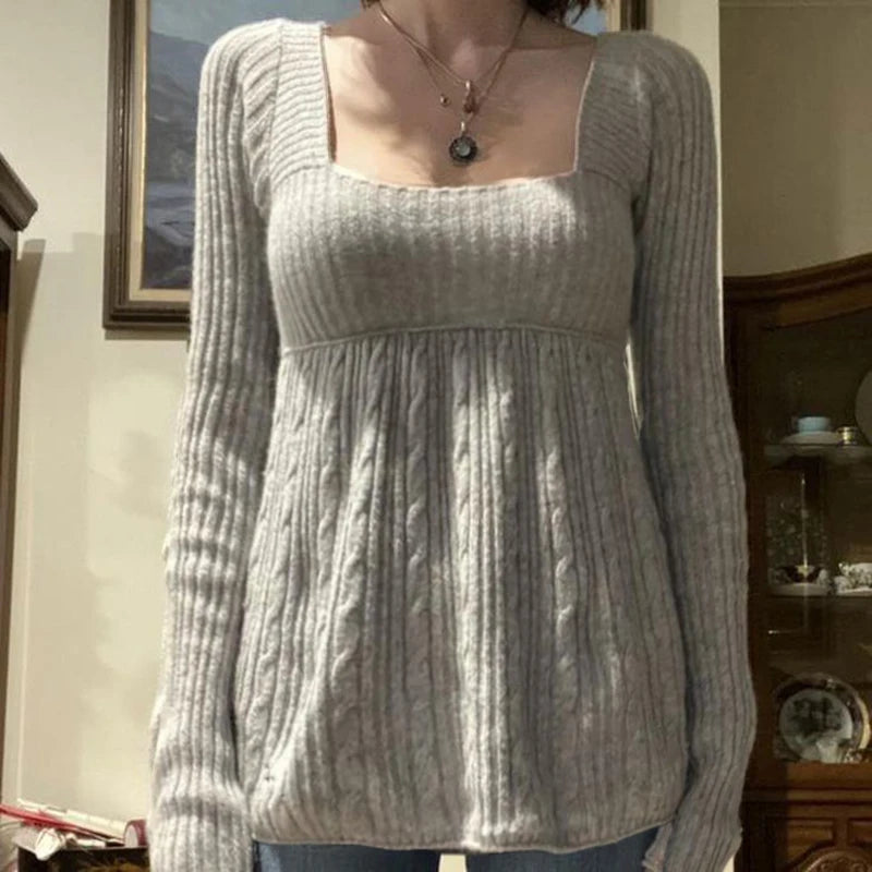 Aesthetic Coquette Knit Sweaters Outfit Vintage Babydoll Tops Pullovers Lady Autumn Square Neck Long Sleeve Knitwear Jumpers Y2k