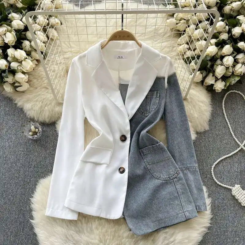 XFPV Women Jacket Lapel Long Sleeve Irregular Patchwork Denim Single Breasted Plaid Blazer Coat Autumn Winter 2025 SM9518