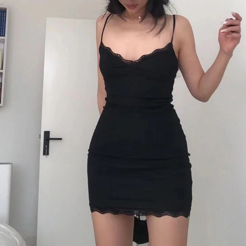 Sexy Lace Splicing Sleeveless Mini Dress Women Skinny Sling Red Sundress Short Club Summer Black Bodycon Dresses Party Girls
