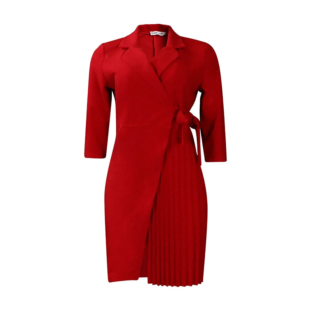 Women  Solid Plus Size Folds Dress Neck Pleated Blazer Style Dress Office Vintage Sexy Lady Belt Party Tight Curvy Short Dress