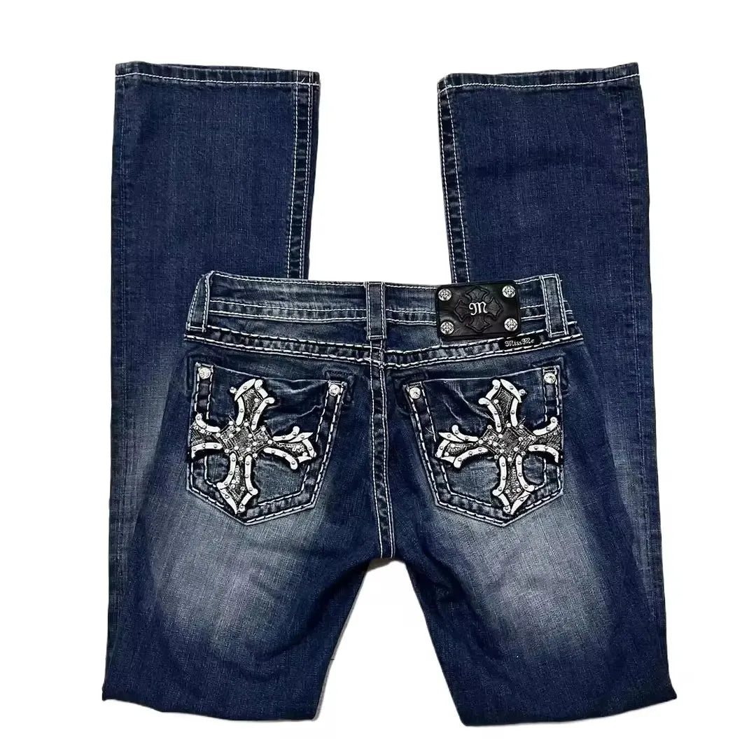 2025 New American Retro Flame Embroidery Baggy Women's Jeans Y2K Harajuku Hip Hop Gothic High Waist Wide Trousers Street Wear