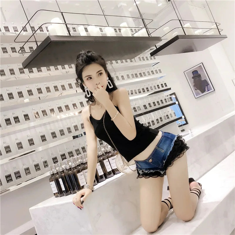 Y2k Shorts Women Nightclub Denim Shorts Lace Low Waist Sexy Hot Pants Female Super Shorts Pink