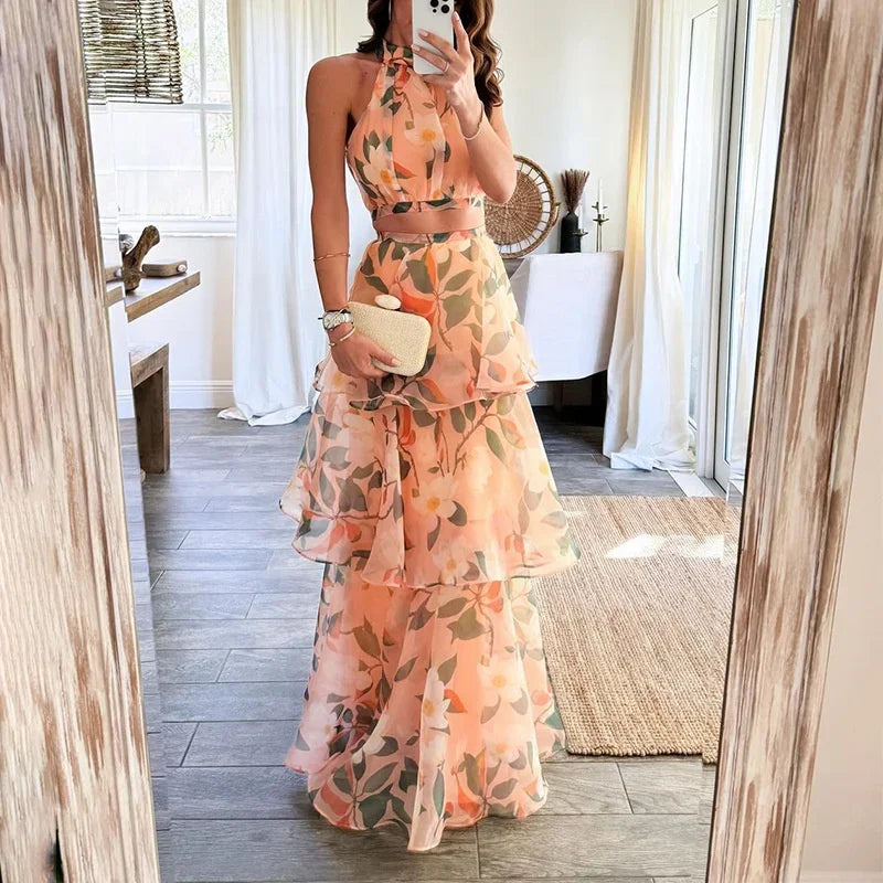 Fashion Print Front Separation Dress Women Stand-up Collar Sleeveless Dresses Multi-layered Patchwork Hem Frock Female Long Gown
