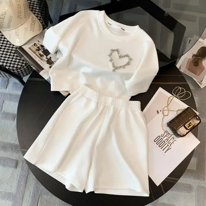 Korean style Oversized T-shirt Shorts Suit Women O-Neck Heart-shaped diamond decoration T-shirts Loose Straight Sports Shorts