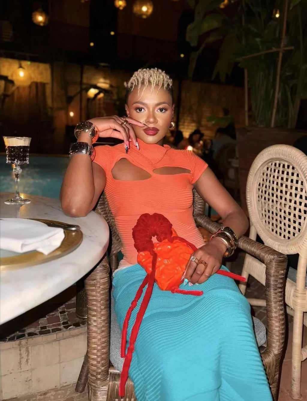 Sexy Knitted Gradient Orange Blue Hollow Out Maxi Dress Women Fashion Short Sleeve Skinny Stretch Tassel Y2K Birthday Long Dress