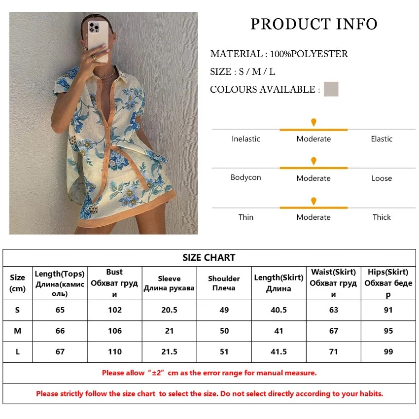 Clacive Summer Loose Print Women 2 Piece Set Outfit 2025 Vintage Short Sleeve Shirt With High Waist Mini Skirt Set Streetwear