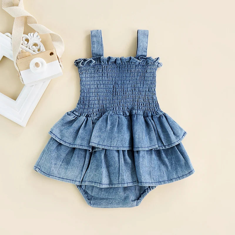 Baby Girl Clothing 2022 Summer Denim Romper Sleeveless Suspender Pleated Design Ruffle Hem Bottom Snap Button Cute Jumpsuit