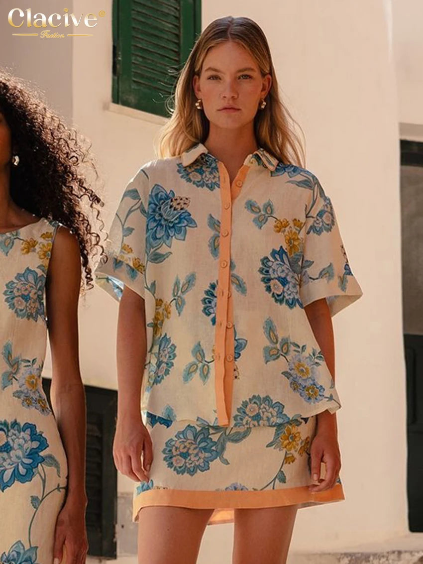 Clacive Summer Loose Print Women 2 Piece Set Outfit 2025 Vintage Short Sleeve Shirt With High Waist Mini Skirt Set Streetwear