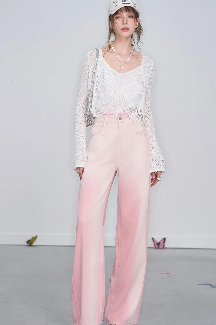 ELFSACK 2025 Spring New Arrivals Y2K Raw Edge High Waist Pink Gradient Jeans Women Sweet Wide Leg Pants