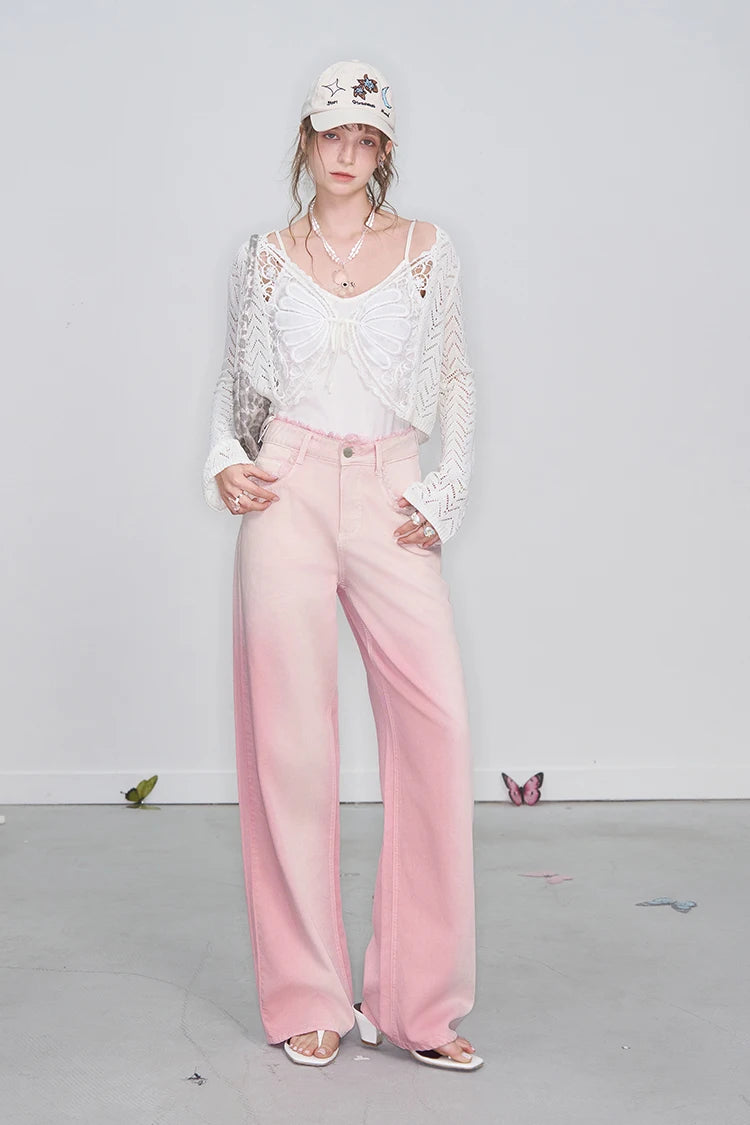 ELFSACK 2025 Spring New Arrivals Y2K Raw Edge High Waist Pink Gradient Jeans Women Sweet Wide Leg Pants