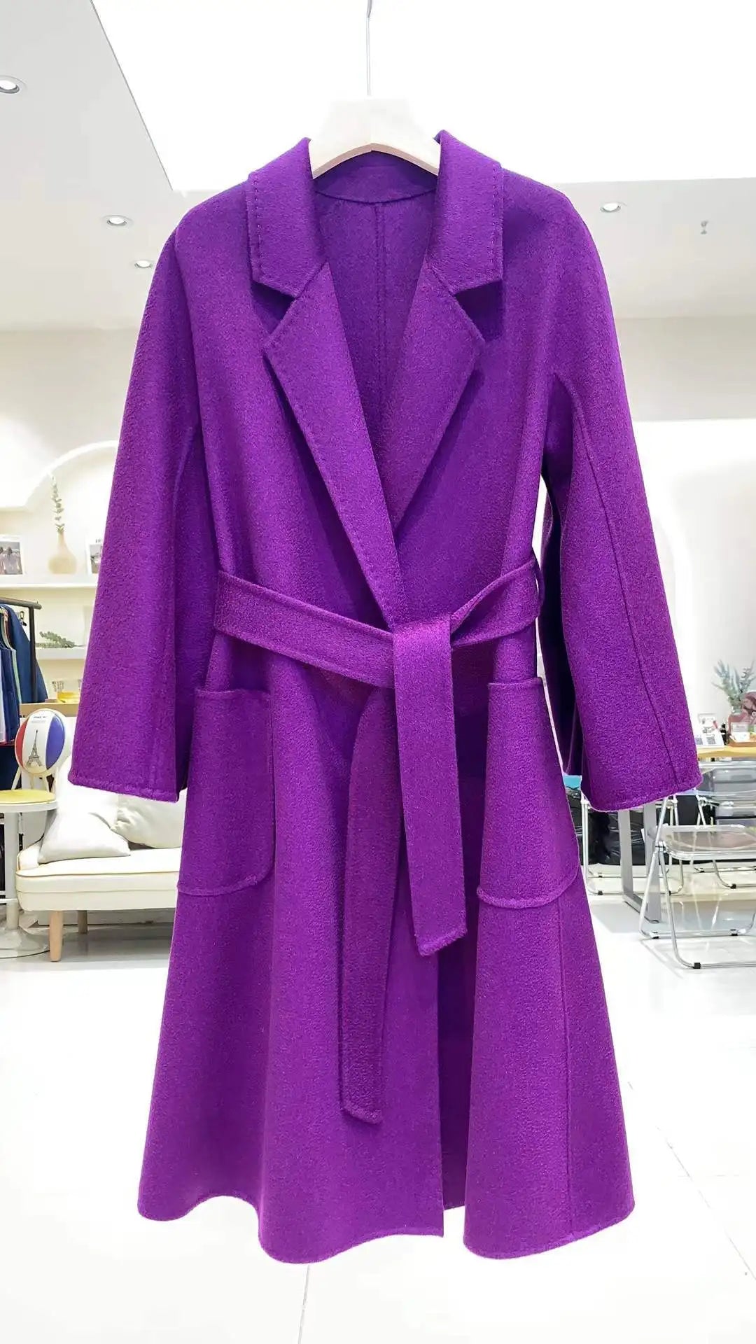Korean Women Handmade Hepburn Corrugated Water Ripples Coat Double-sided Cashmere Wool Long Woolen Jacket Cashmere Coat Max