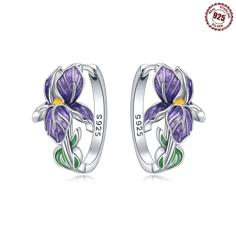 925 Sterling Silver Floral plant series greenery iris vine Hoop Earrings For Women Wedding Engagement Birthday Jewelry Gift 2024