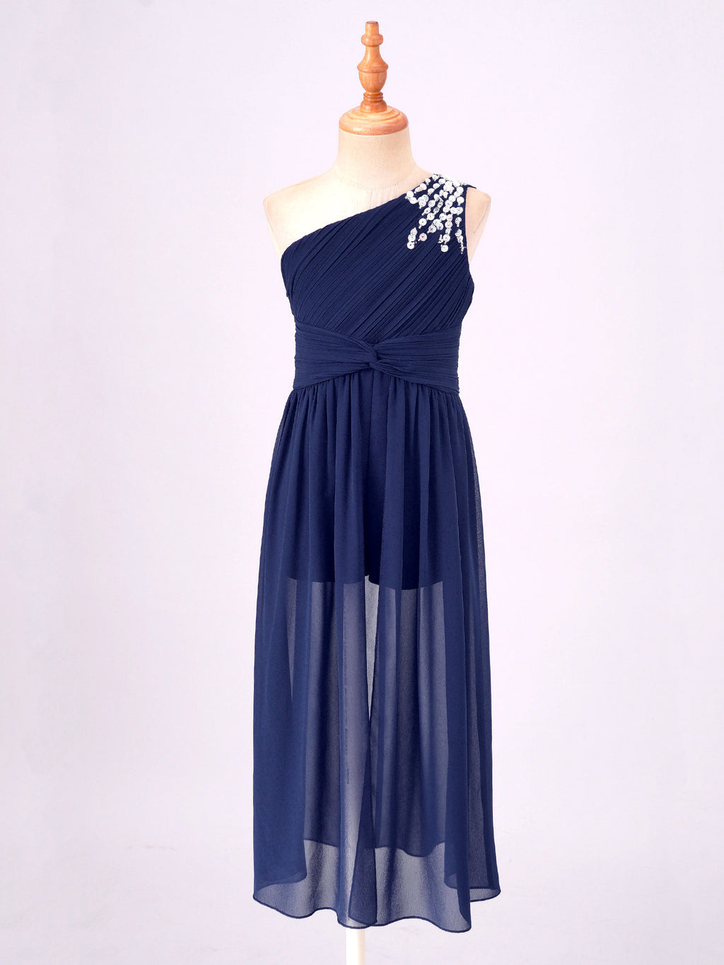 6-16Y Kids Girls Elegant Shiny Beaded Party Dress One Shoulder Ruched Jumpsuit Skirt Princess Wedding Birthday Evening Prom Gown