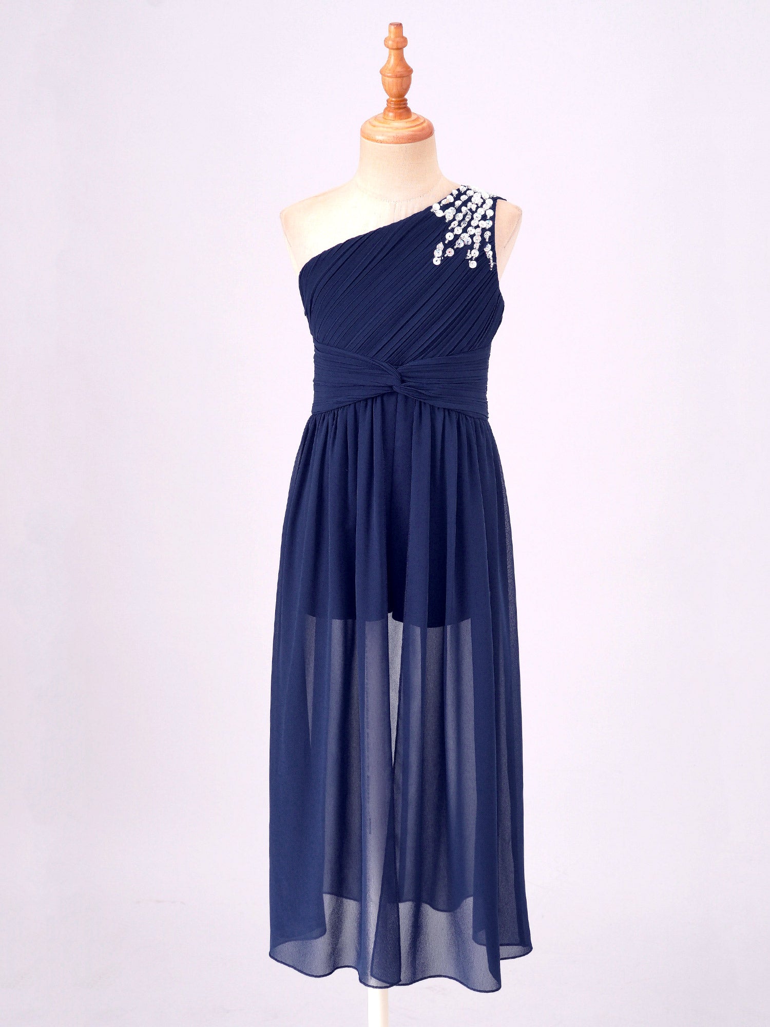 6-16Y Kids Girls Elegant Shiny Beaded Party Dress One Shoulder Ruched Jumpsuit Skirt Princess Wedding Birthday Evening Prom Gown