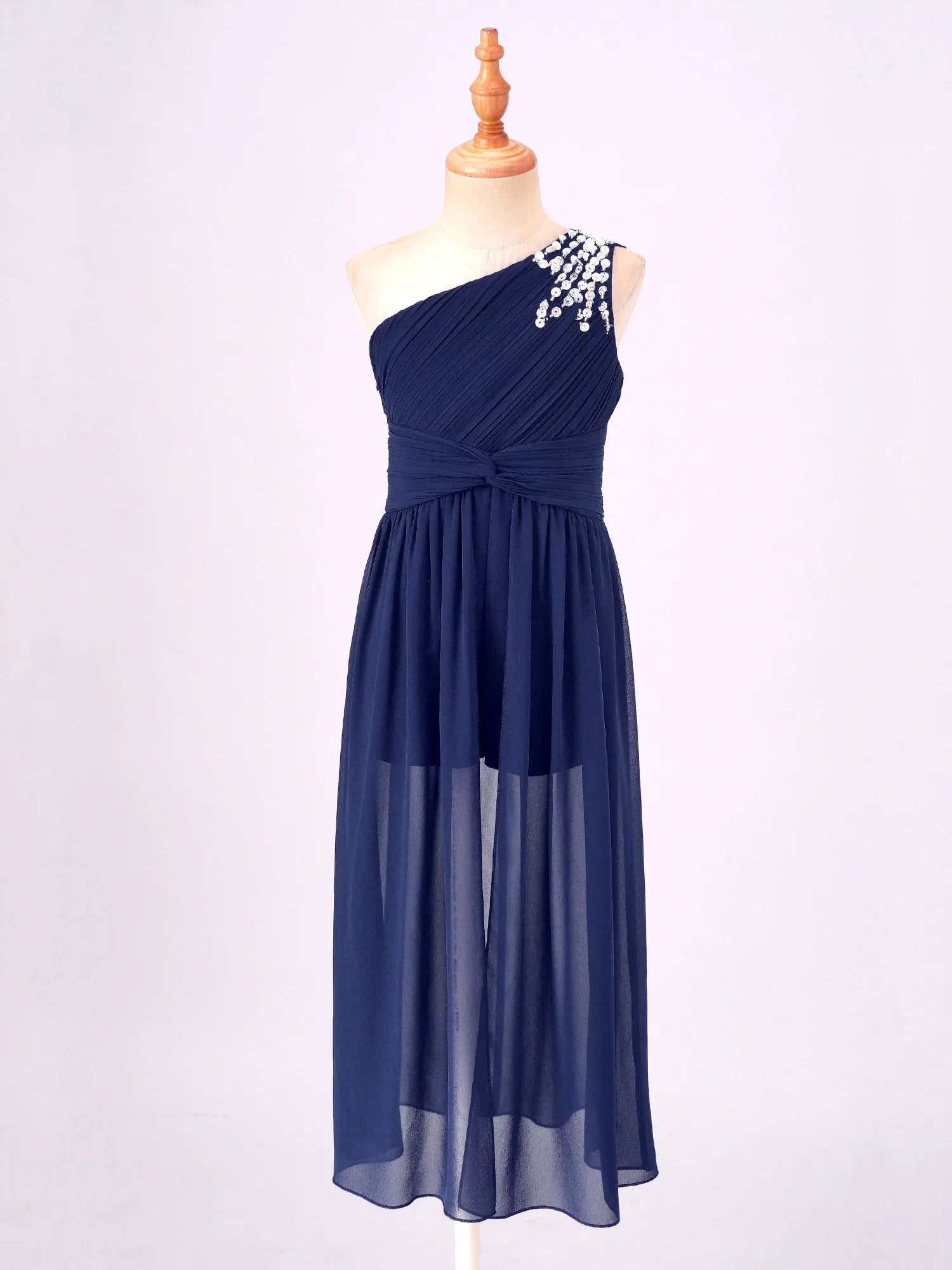 6-16Y Kids Girls Elegant Shiny Beaded Party Dress One Shoulder Ruched Jumpsuit Skirt Princess Wedding Birthday Evening Prom Gown