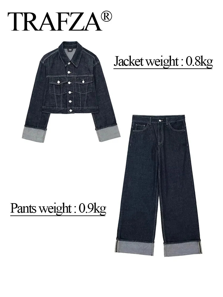 TRAFZA 2024 Women's Denim Pants Set Long Sleeve Jacket Coat+ Solid Pocket Baggy Long Pants Casual Loose Streetwear Mujer Roupas