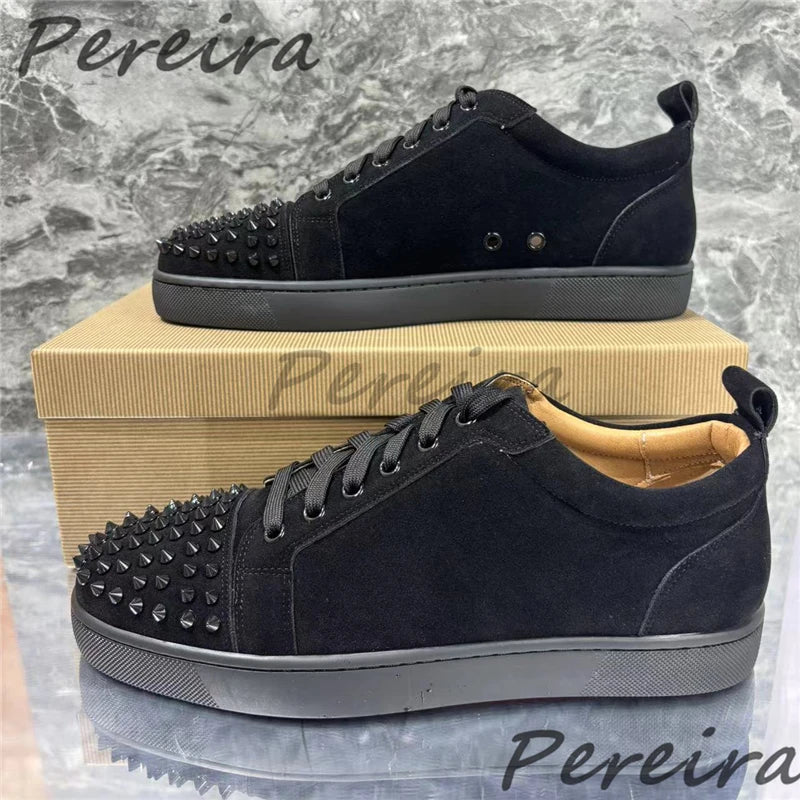 Men Rivet Casual Shoes Couple Sneakers Red Suede Round Toe Lace-Up Flats Summer Genuine Leather Platform Outdoor Walking Shoes