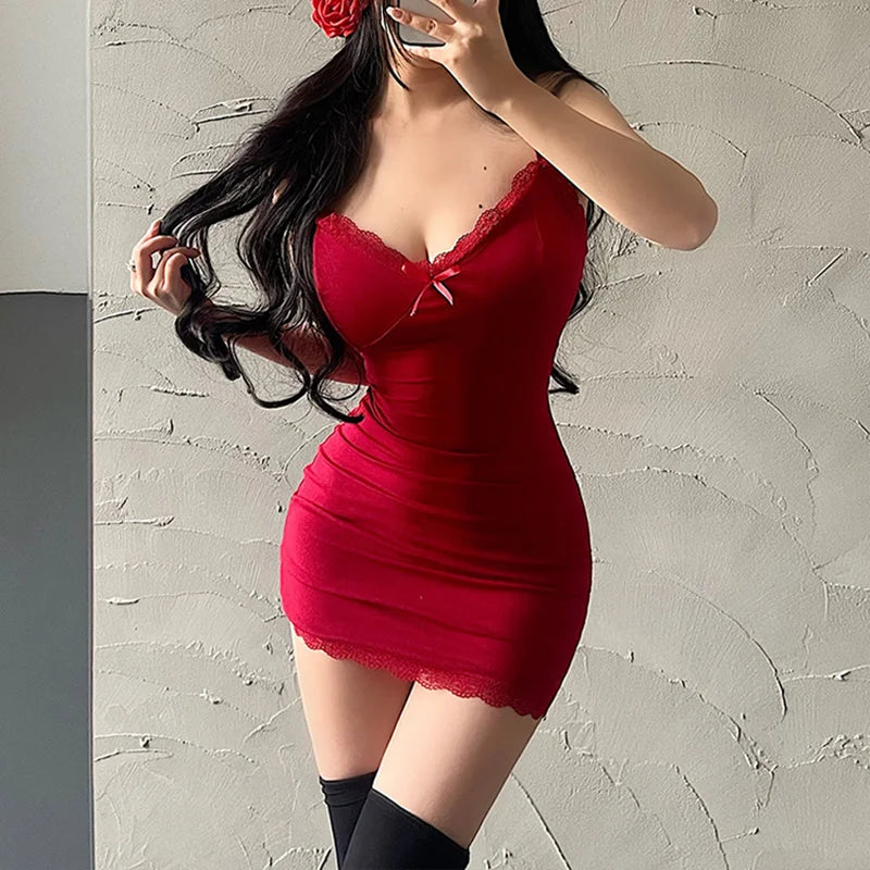 Sexy Lace Splicing Sleeveless Mini Dress Women Skinny Sling Red Sundress Short Club Summer Black Bodycon Dresses Party Girls