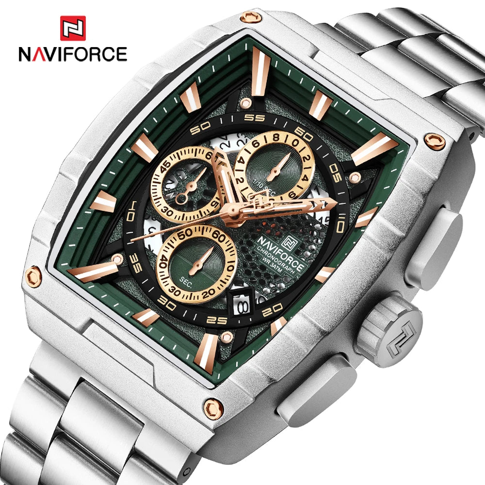 NAVIFORCE Luxury Chronograph Quartz Watch for Men Fashion Tonneau Stainless Steel Man Watches Waterproof Luminous WristWatch