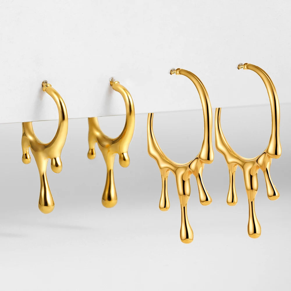 4 Sizes Chunky Water Droplet Open Hoop Earrings Irregular 18K Gold Plated Drops Smooth Stackable Cartilage Piercing Earrings