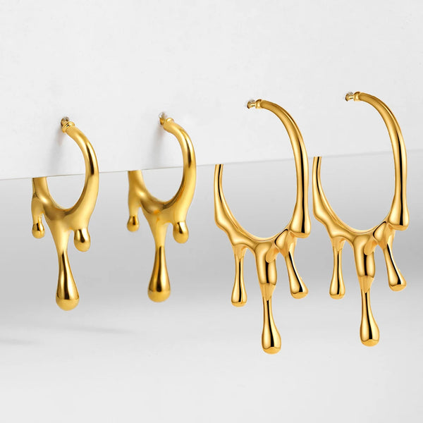 4 Sizes Chunky Water Droplet Open Hoop Earrings Irregular 18K Gold Plated Drops Smooth Stackable Cartilage Piercing Earrings