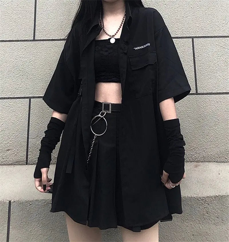 Gothic Skirt Set Loose Shirt Pleated Mini Skirts 2 Piece Sets Korean Retro Casual Outfits Women Spring Summer Aesthetic Y2k Suit