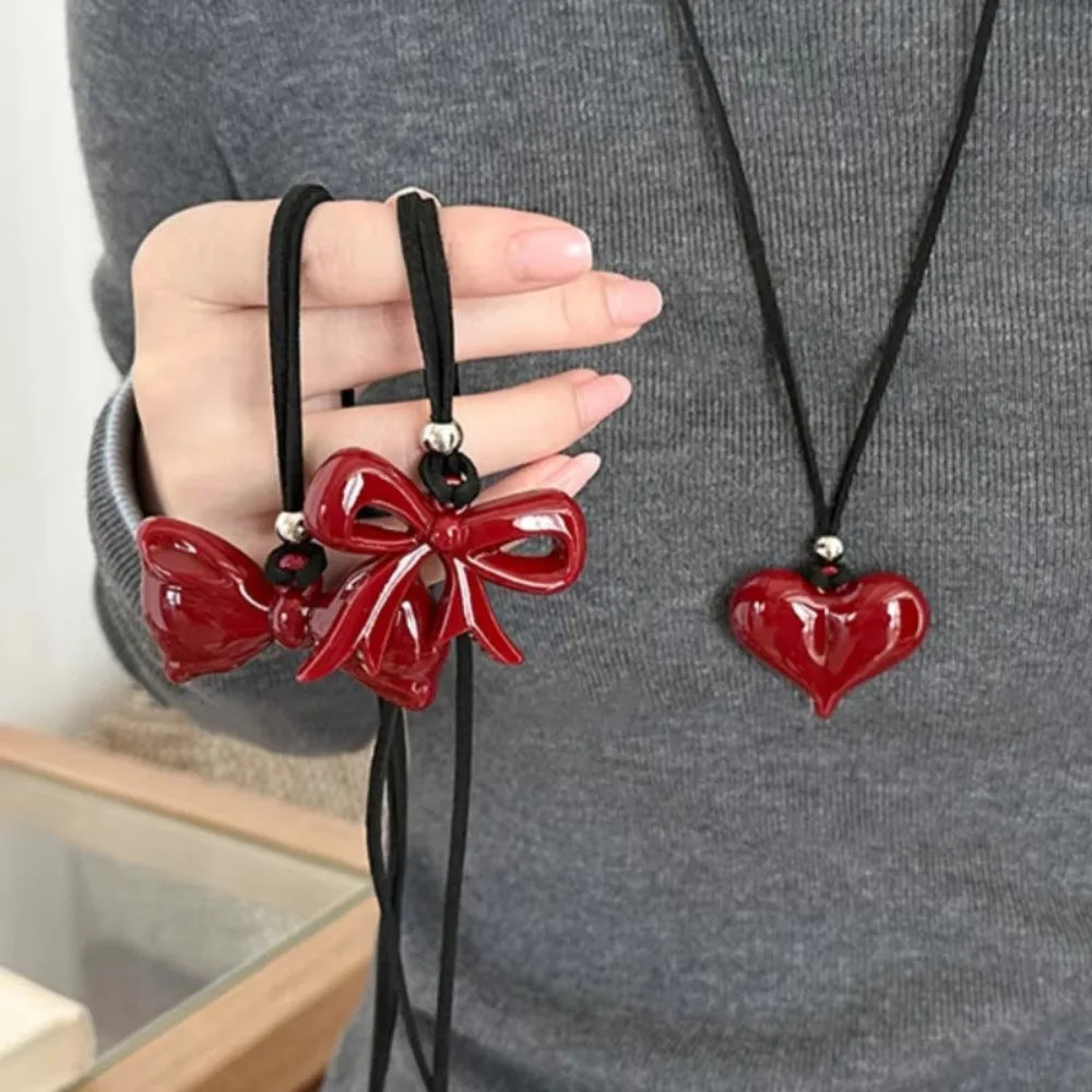 Casual Christmas Red Bow Necklace Jewelry Love Necklace Personalized Gifts Heart Pendant Creative Sweater Chain For Women Girls