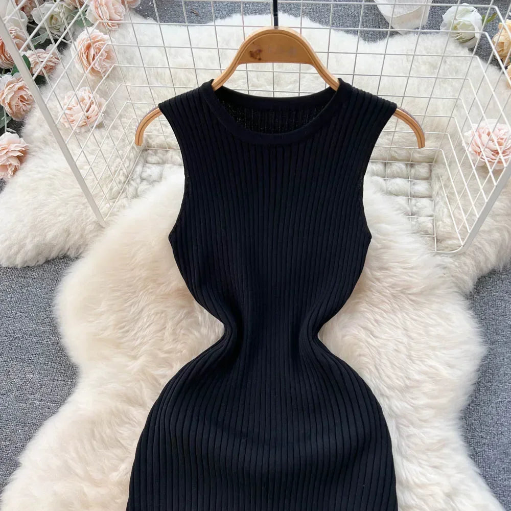 Abrini Summer Women Knitted Sexy Bodycon Dress O-Neck Sleeveless Ruffled Party Sundress High Street Elastic Slim Solid Dress