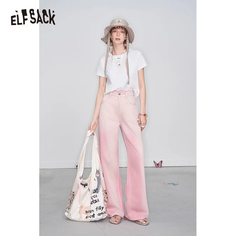 ELFSACK 2025 Spring New Arrivals Y2K Raw Edge High Waist Pink Gradient Jeans Women Sweet Wide Leg Pants