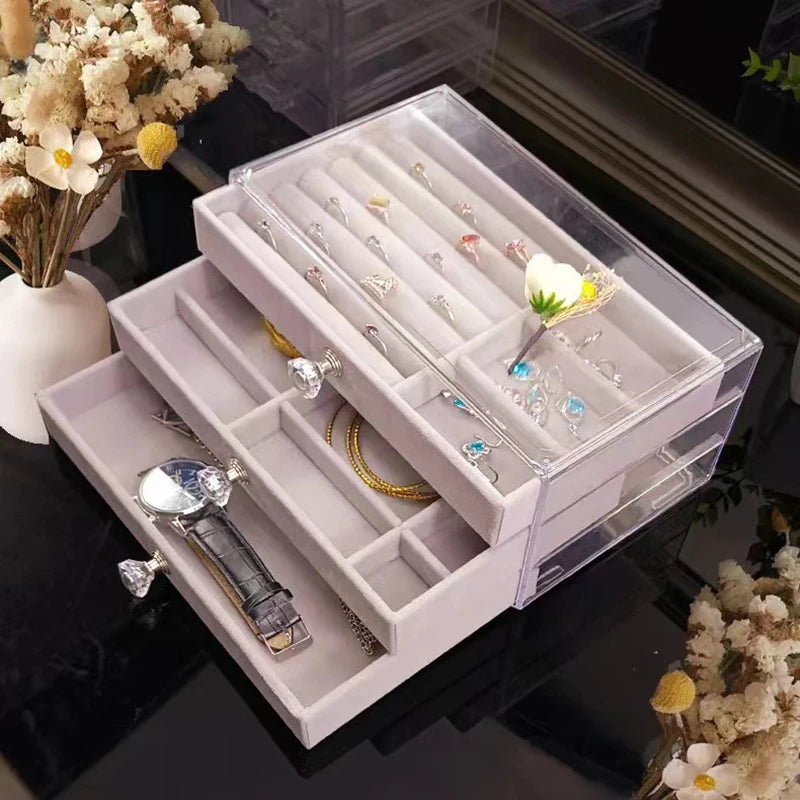 High-capacity Transparent Three-layer Flannel Jewelry Box Drawer Jewelry Box Earring Necklace Ring Dustproof Display Storage Box