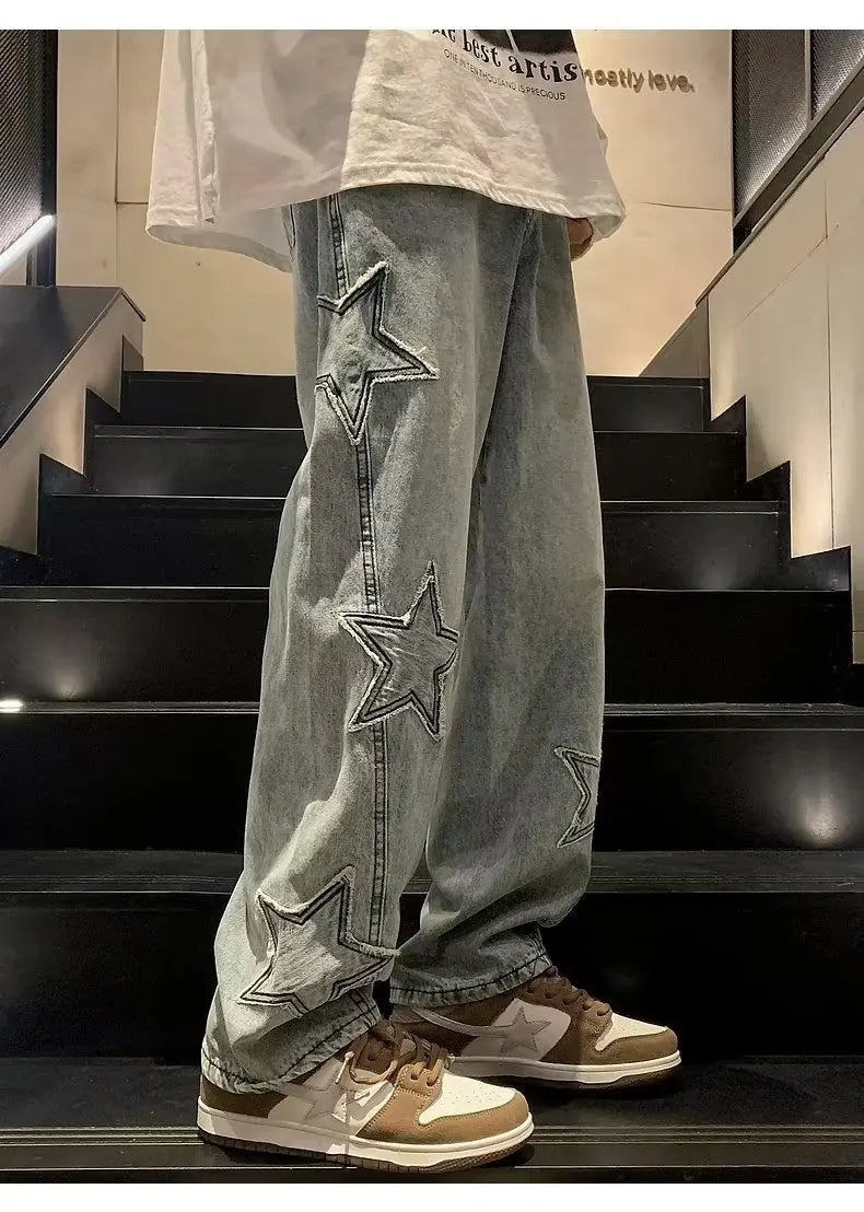 Star Embroidery Straight Casual Men Jeans Gothic Neutral New Wide Leg Loose Hip-hop Streetwear Denim Trousers Y2K pants man