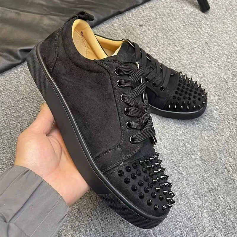 men's casual rock stage spikes studded shoes lace-up cow suede leather rivets shoe black grey flats platform sneakers footwear