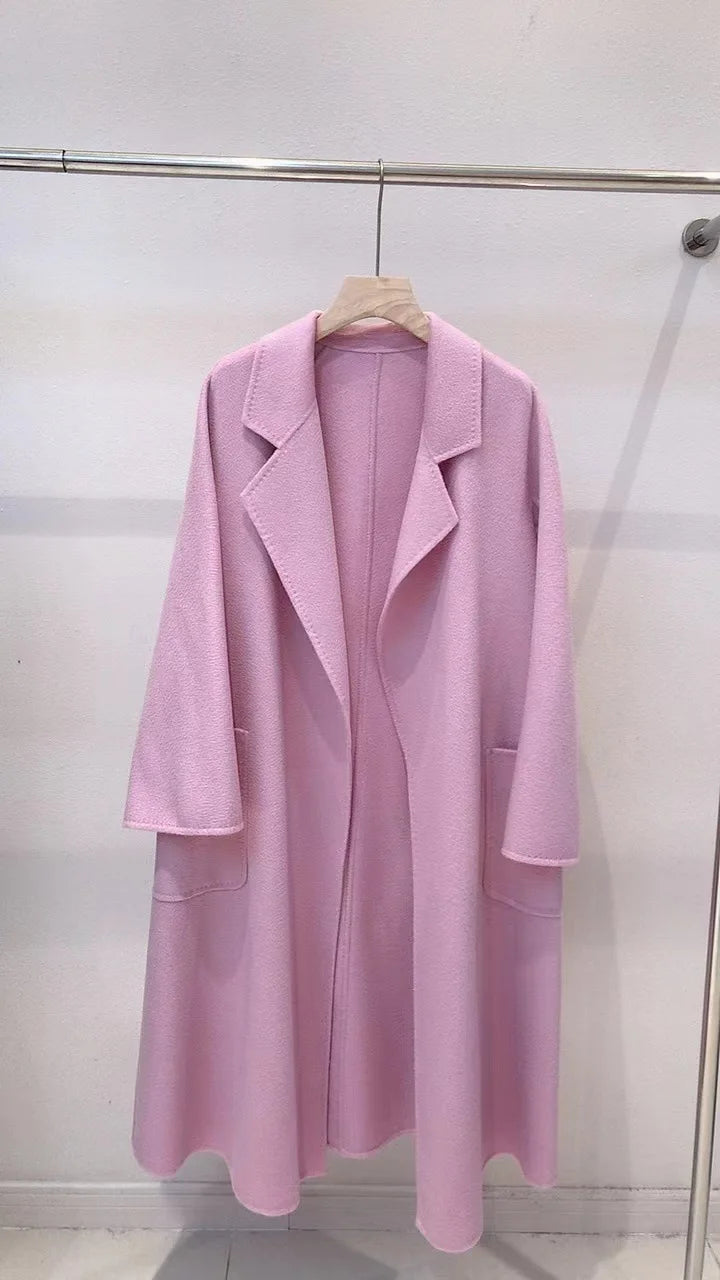 Korean Women Handmade Hepburn Corrugated Water Ripples Coat Double-sided Cashmere Wool Long Woolen Jacket Cashmere Coat Max