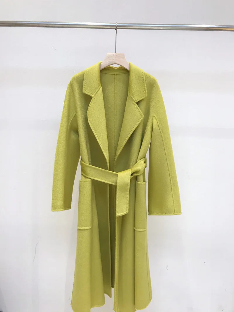 Korean Women Handmade Hepburn Corrugated Water Ripples Coat Double-sided Cashmere Wool Long Woolen Jacket Cashmere Coat Max
