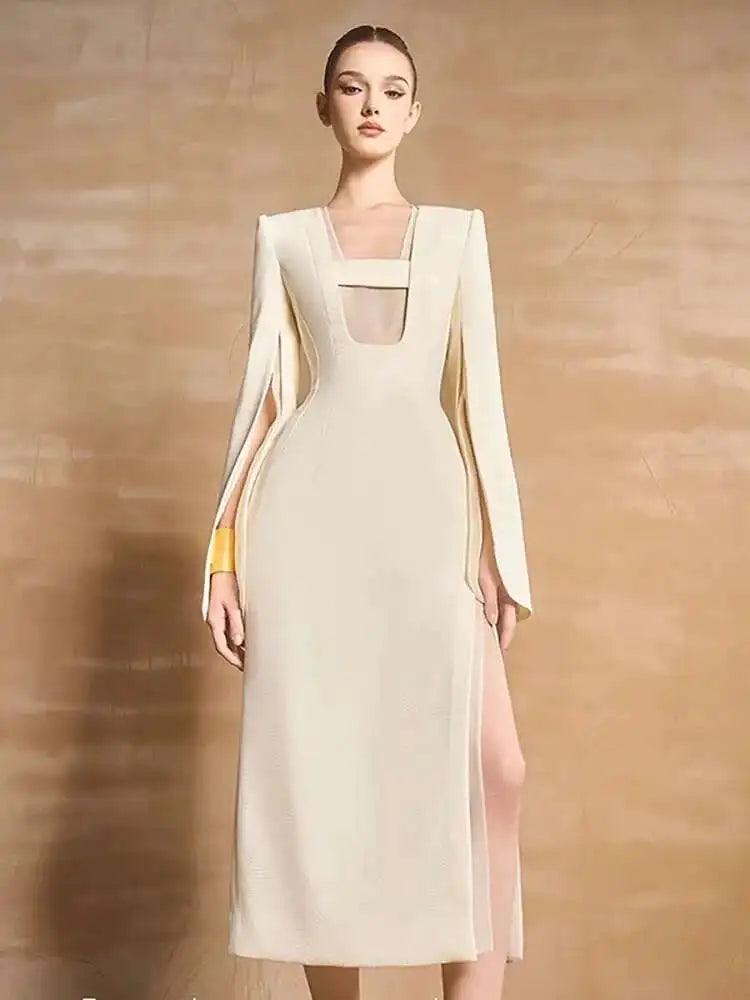 DEAT Design Spli Sleeve Square Collar Women's Dress New Broad Shoulder Elegant Party High Waist Dresses 2024 Summer 13DL164
