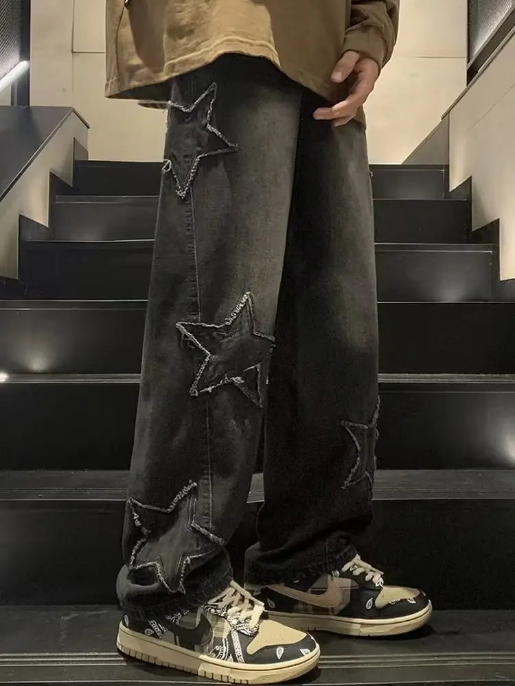 Star Embroidery Straight Casual Men Jeans Gothic Neutral New Wide Leg Loose Hip-hop Streetwear Denim Trousers Y2K pants man