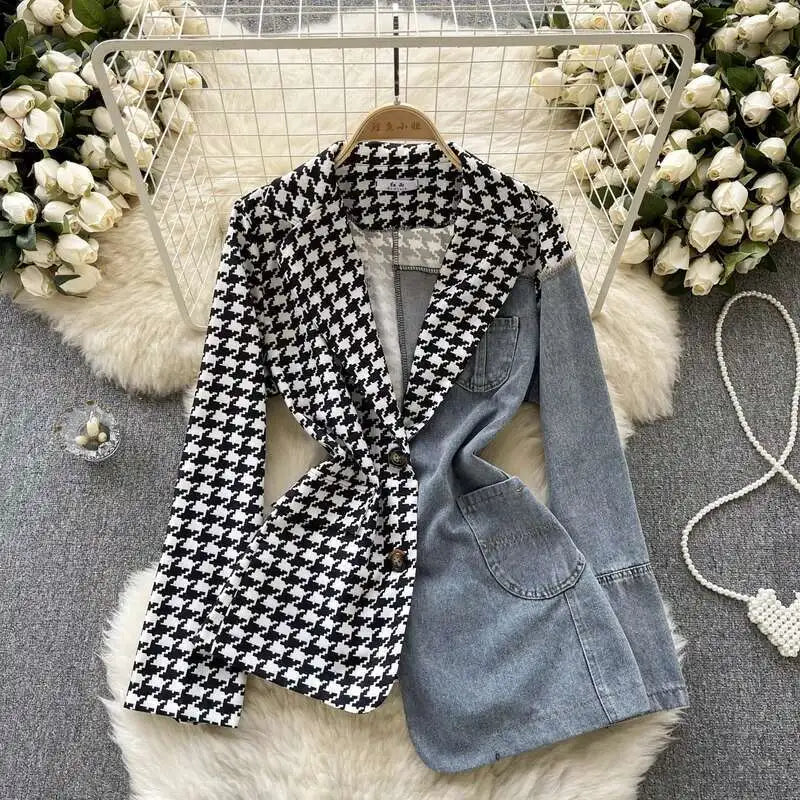 XFPV Women Jacket Lapel Long Sleeve Irregular Patchwork Denim Single Breasted Plaid Blazer Coat Autumn Winter 2025 SM9518