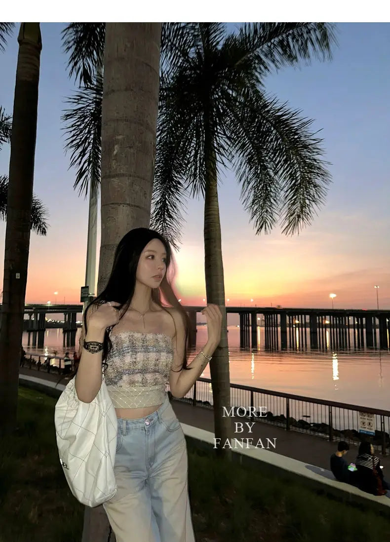 Sexy  Camis Plaid Chic  tube top Slim Korean Tanks Top Sleeveless Elegant  Crop Top Summer Women Bustier